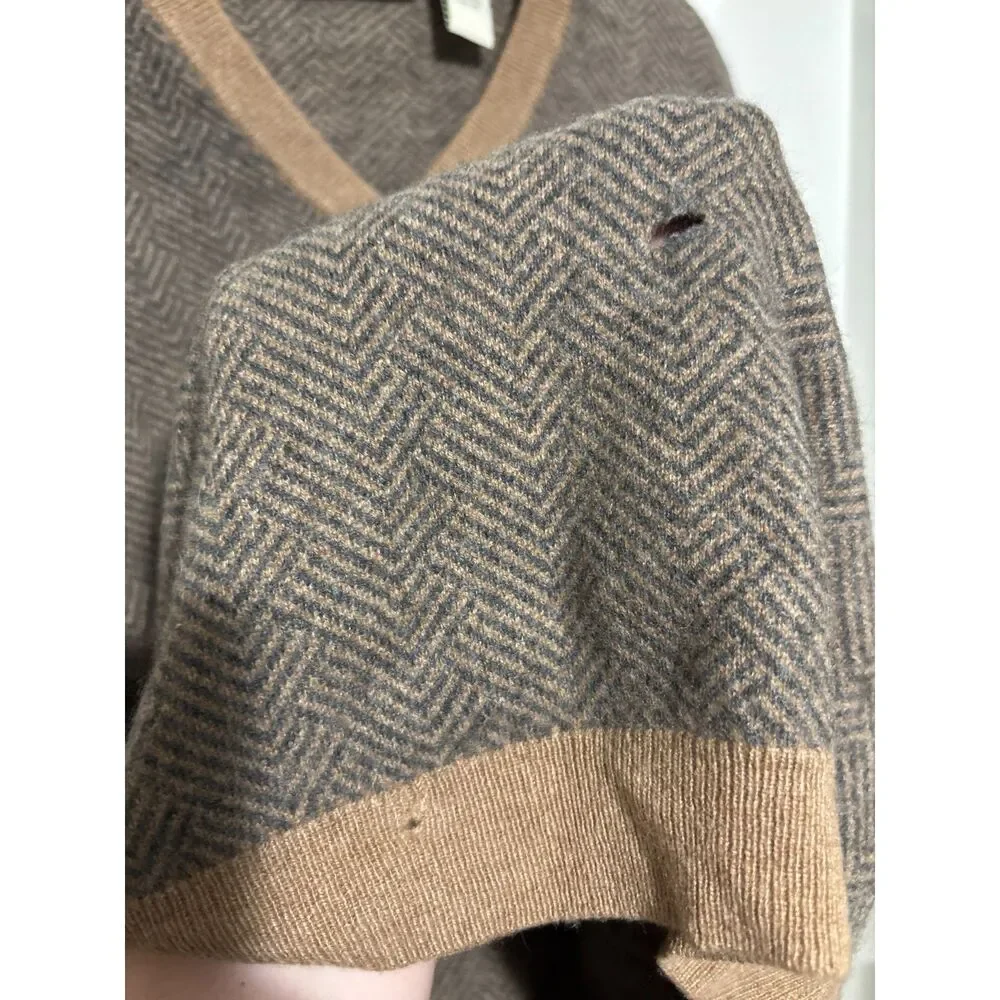 Orvis 100% Cashmere‎ V Neck Sweater Herringbone Brown Tan Medium Preppy Luxury